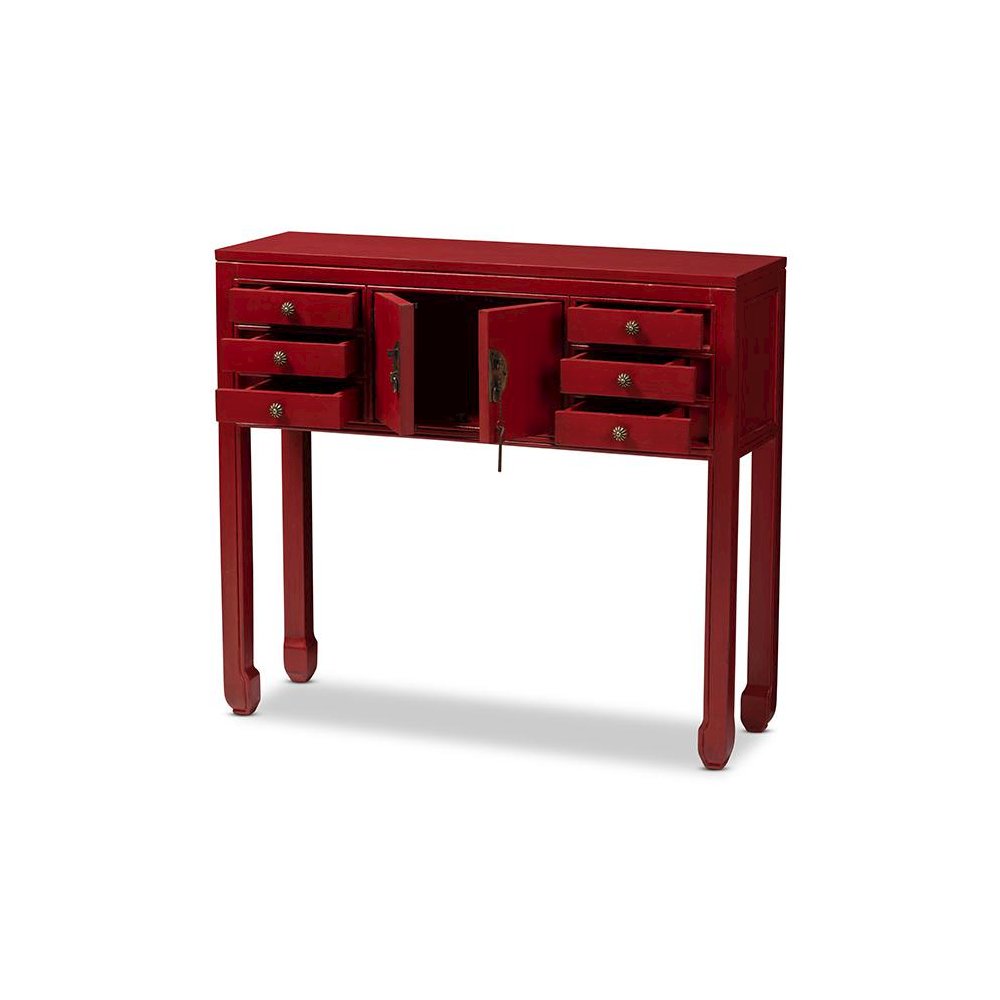 Antique Red Finished Wood Bronze Finished Accents 6-Drawer Console Table