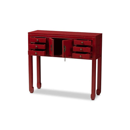 Antique Red Finished Wood Bronze Finished Accents 6-Drawer Console Table