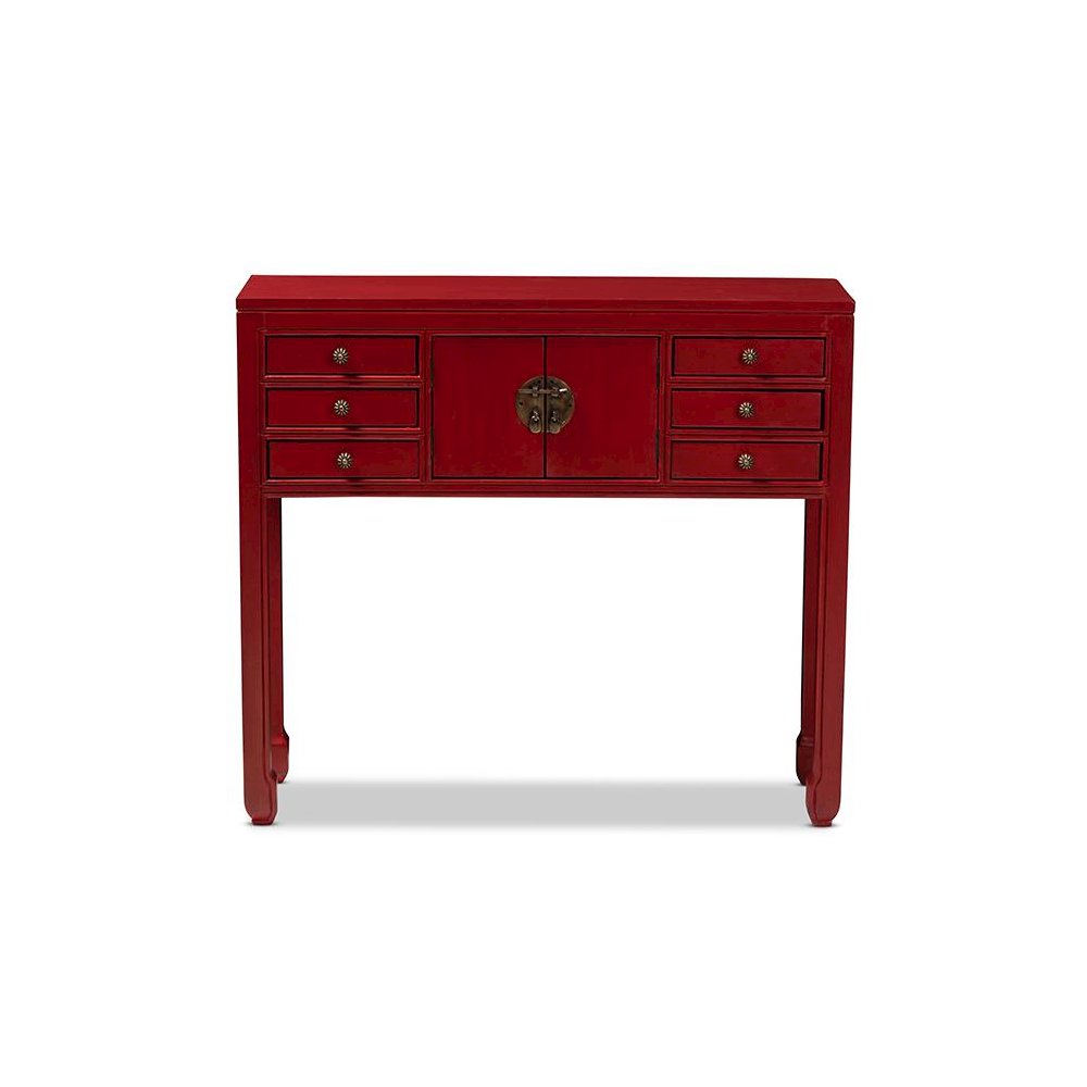 Antique Red Finished Wood Bronze Finished Accents 6-Drawer Console Table