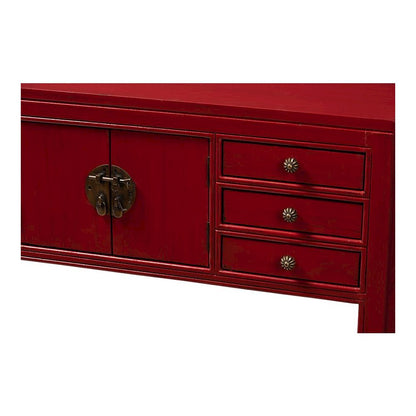 Antique Red Finished Wood Bronze Finished Accents 6-Drawer Console Table