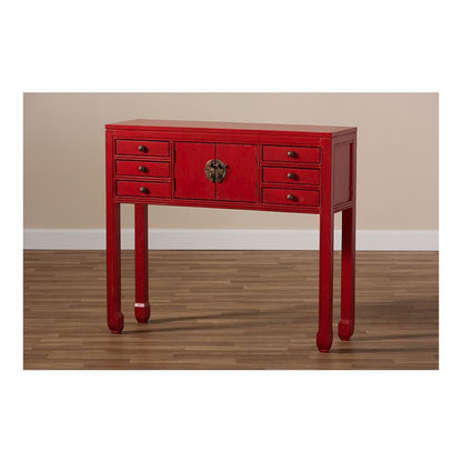 Antique Red Finished Wood Bronze Finished Accents 6-Drawer Console Table