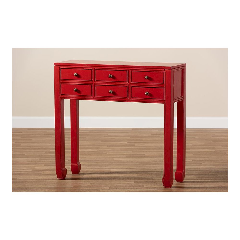 Antique Red Finished Wood Bronze Finished Accents 6-Drawer Console Table