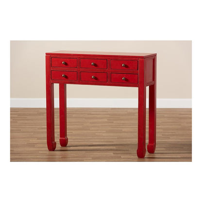 Antique Red Finished Wood Bronze Finished Accents 6-Drawer Console Table