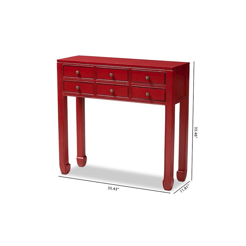Antique Red Finished Wood Bronze Finished Accents 6-Drawer Console Table