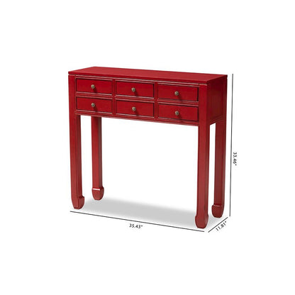 Antique Red Finished Wood Bronze Finished Accents 6-Drawer Console Table