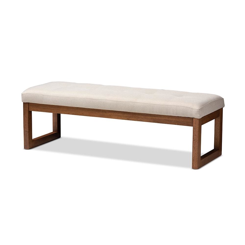 Light Beige Fabric Upholstered Walnut Brown Finished Wood Bench