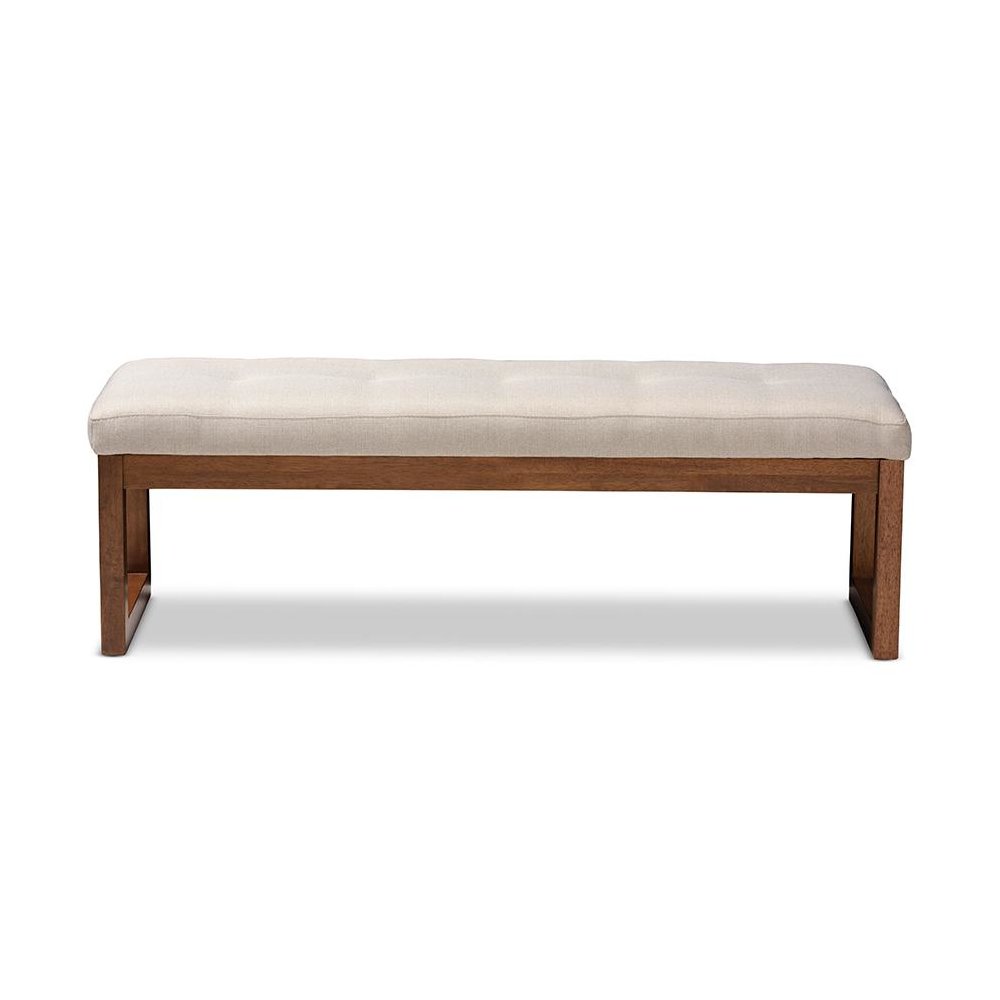 Light Beige Fabric Upholstered Walnut Brown Finished Wood Bench
