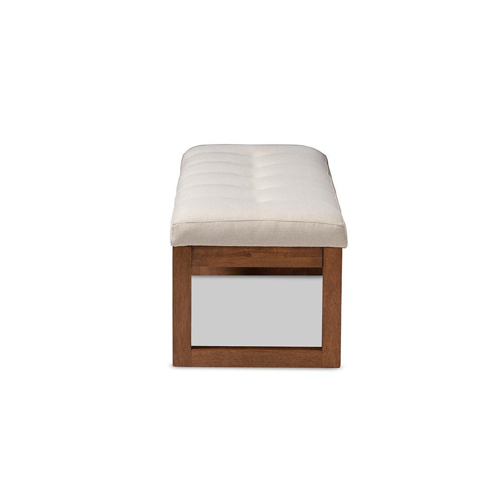 Light Beige Fabric Upholstered Walnut Brown Finished Wood Bench