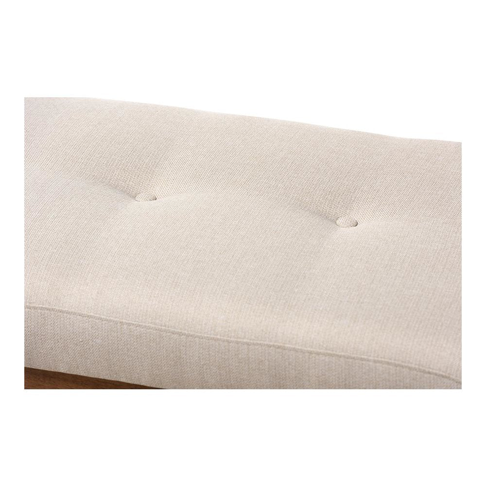 Light Beige Fabric Upholstered Walnut Brown Finished Wood Bench