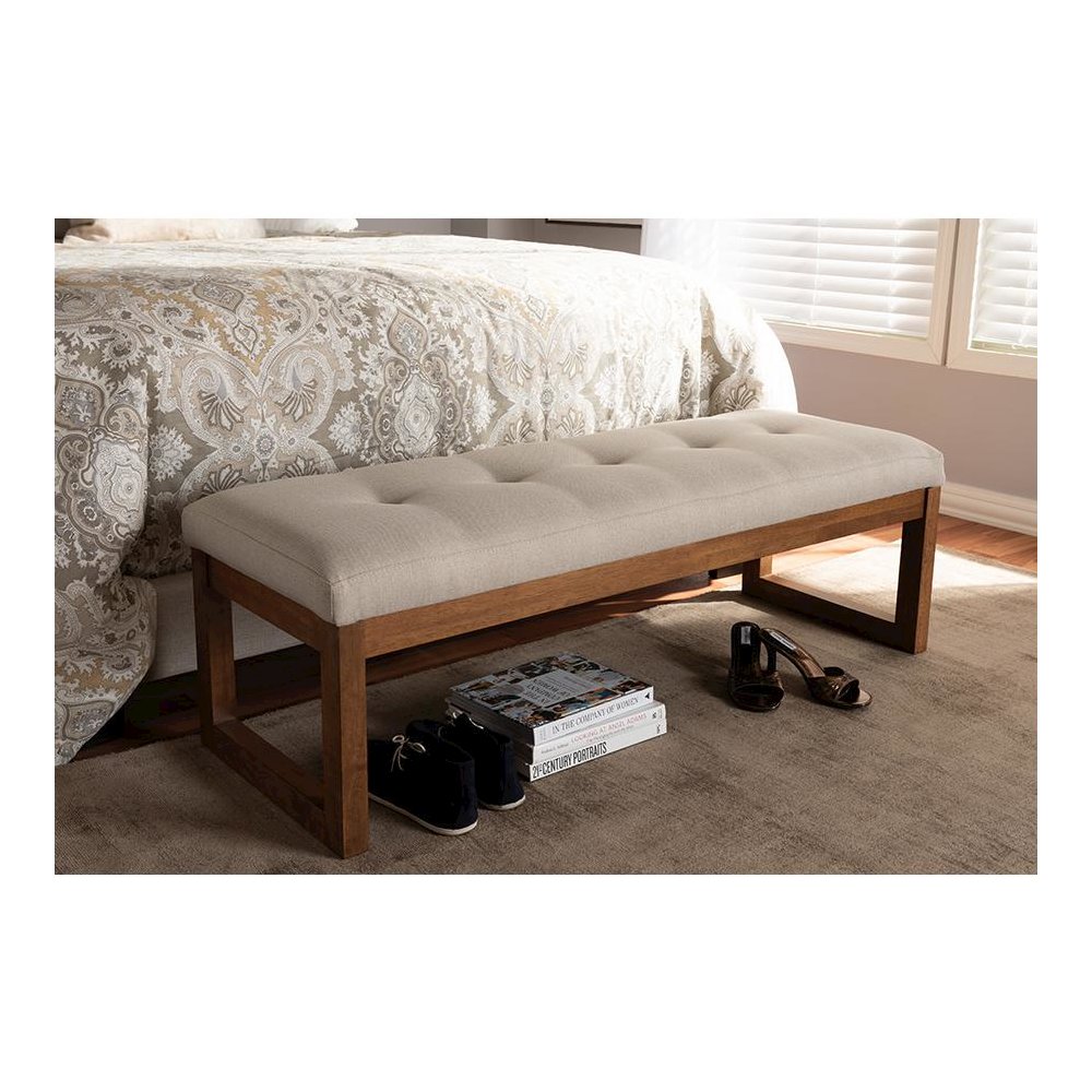 Light Beige Fabric Upholstered Walnut Brown Finished Wood Bench