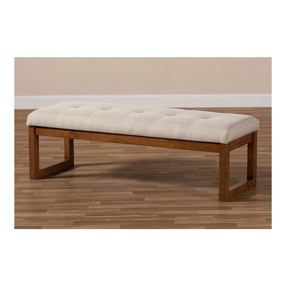 Light Beige Fabric Upholstered Walnut Brown Finished Wood Bench