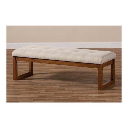 Light Beige Fabric Upholstered Walnut Brown Finished Wood Bench