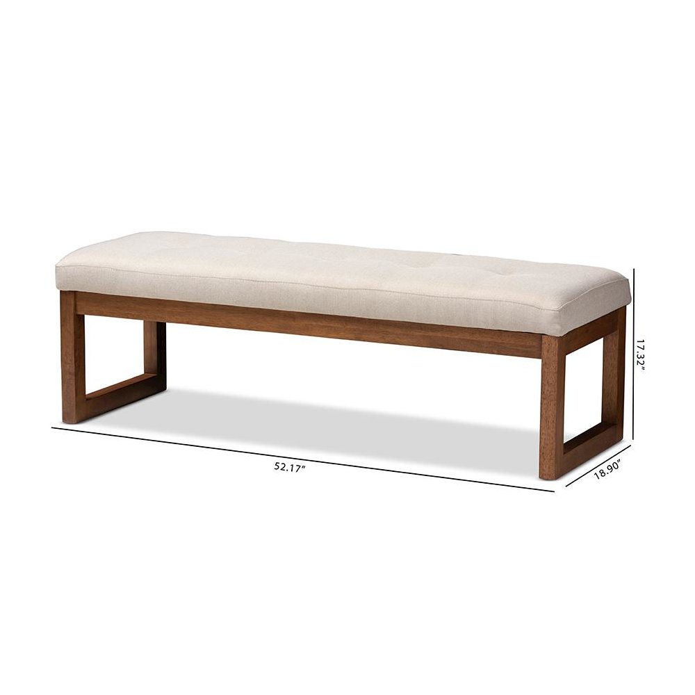 Light Beige Fabric Upholstered Walnut Brown Finished Wood Bench