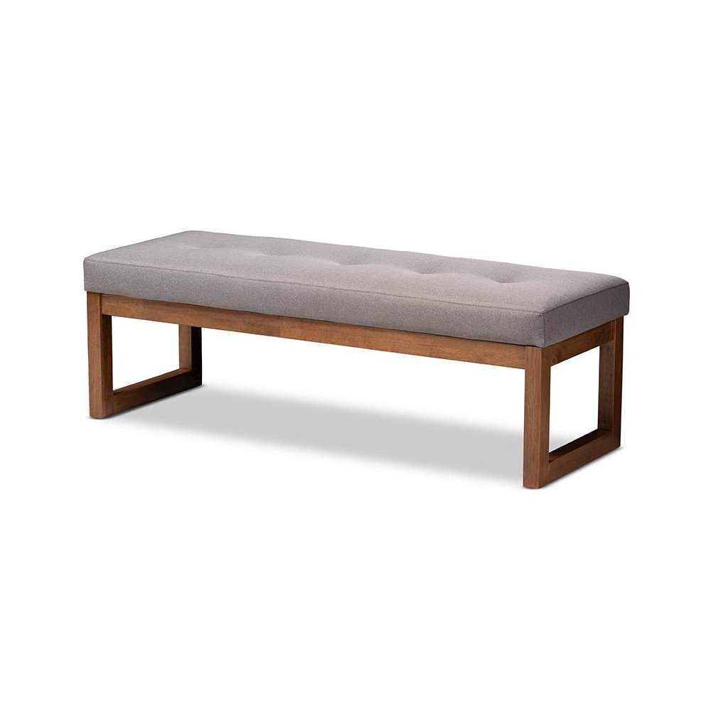 Grey Fabric Upholstered Walnut Brown Finished Wood Bench