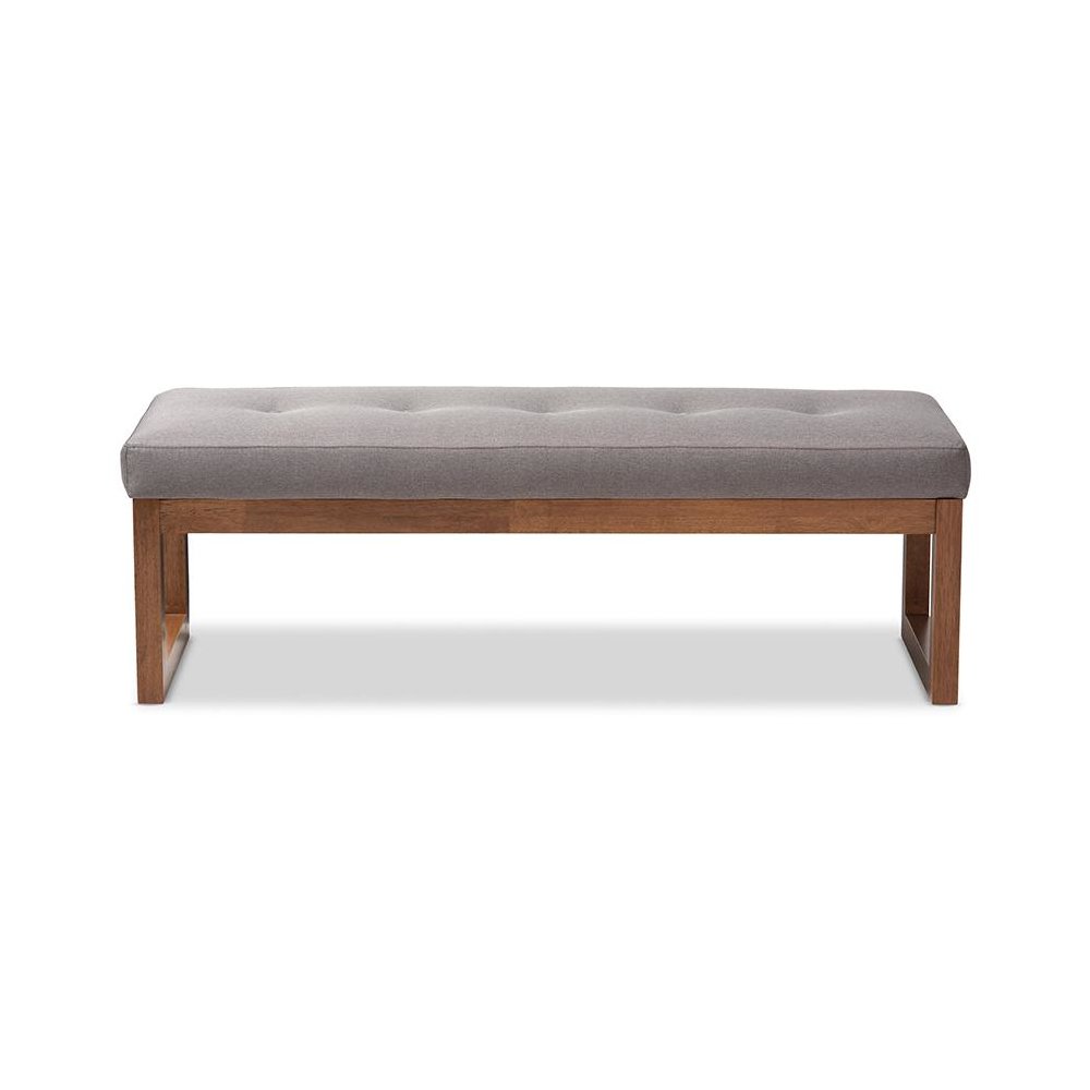 Grey Fabric Upholstered Walnut Brown Finished Wood Bench