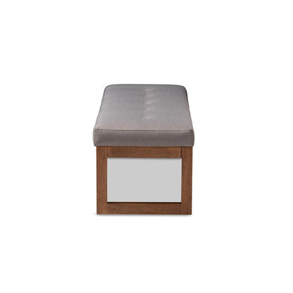 Grey Fabric Upholstered Walnut Brown Finished Wood Bench
