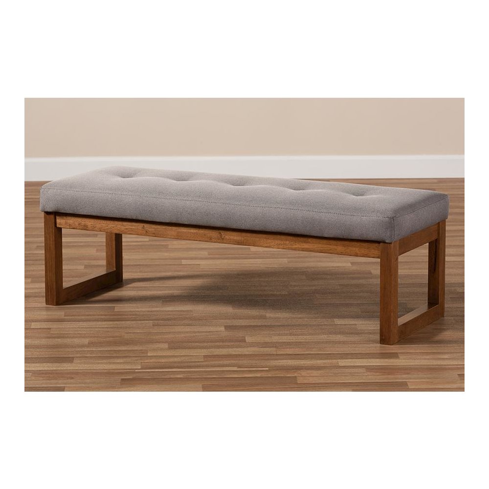 Grey Fabric Upholstered Walnut Brown Finished Wood Bench