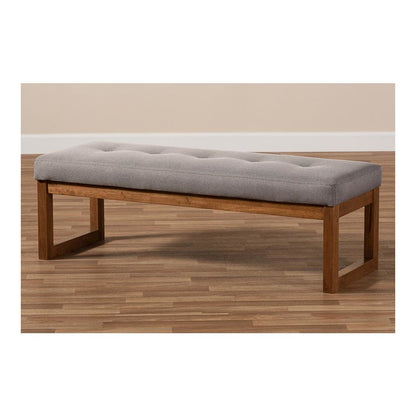 Grey Fabric Upholstered Walnut Brown Finished Wood Bench
