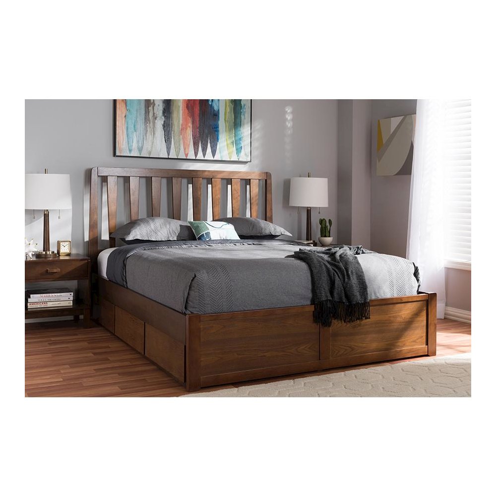 Raurey Modern and Contemporary Walnut Finished Queen Size Storage Platform Bed