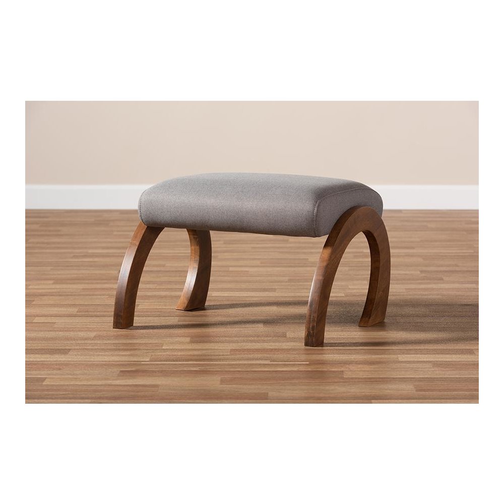 Grey Fabric Upholstered Walnut Brown Finished Wood Ottoman