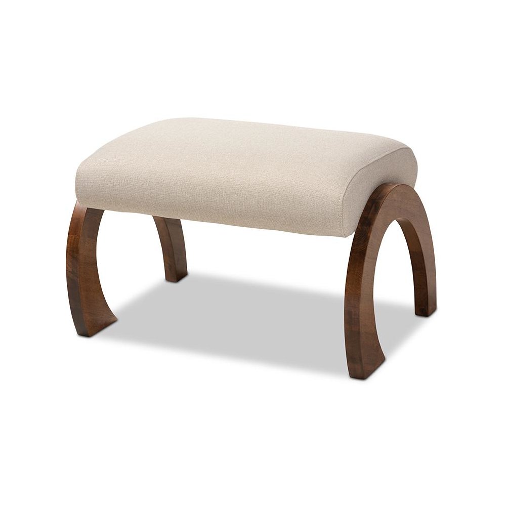 Light Beige Fabric Upholstered Walnut Brown Finished Wood Ottoman