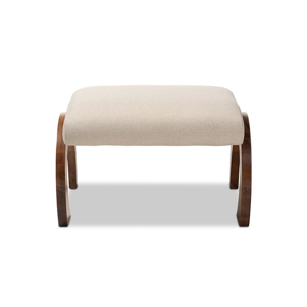 Light Beige Fabric Upholstered Walnut Brown Finished Wood Ottoman