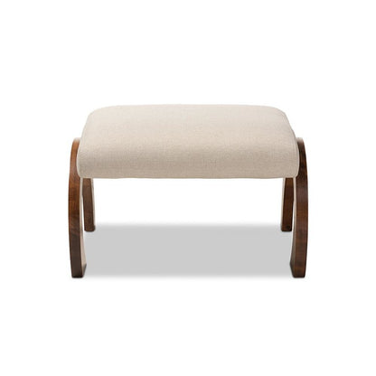Light Beige Fabric Upholstered Walnut Brown Finished Wood Ottoman