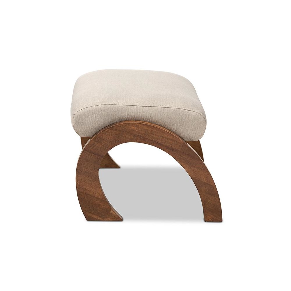 Light Beige Fabric Upholstered Walnut Brown Finished Wood Ottoman