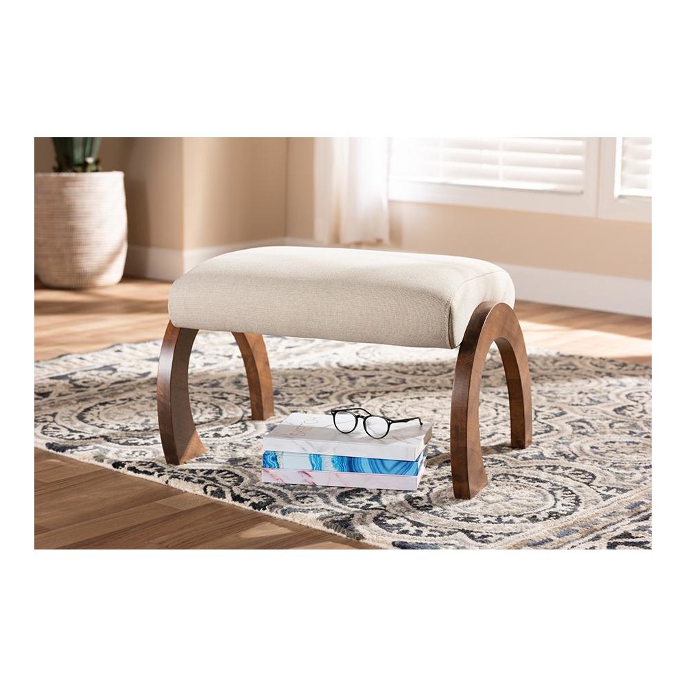 Light Beige Fabric Upholstered Walnut Brown Finished Wood Ottoman