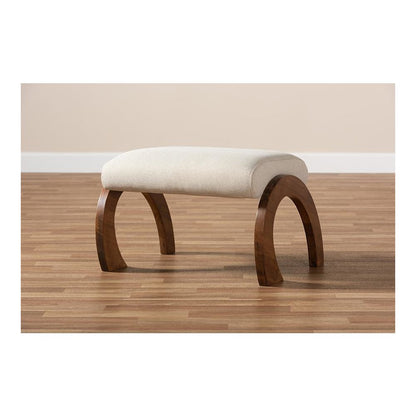 Light Beige Fabric Upholstered Walnut Brown Finished Wood Ottoman