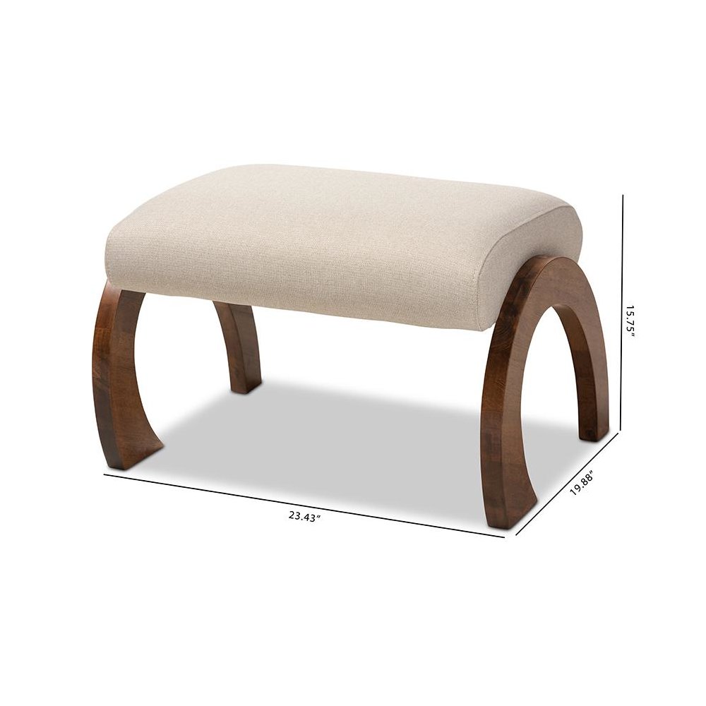 Light Beige Fabric Upholstered Walnut Brown Finished Wood Ottoman