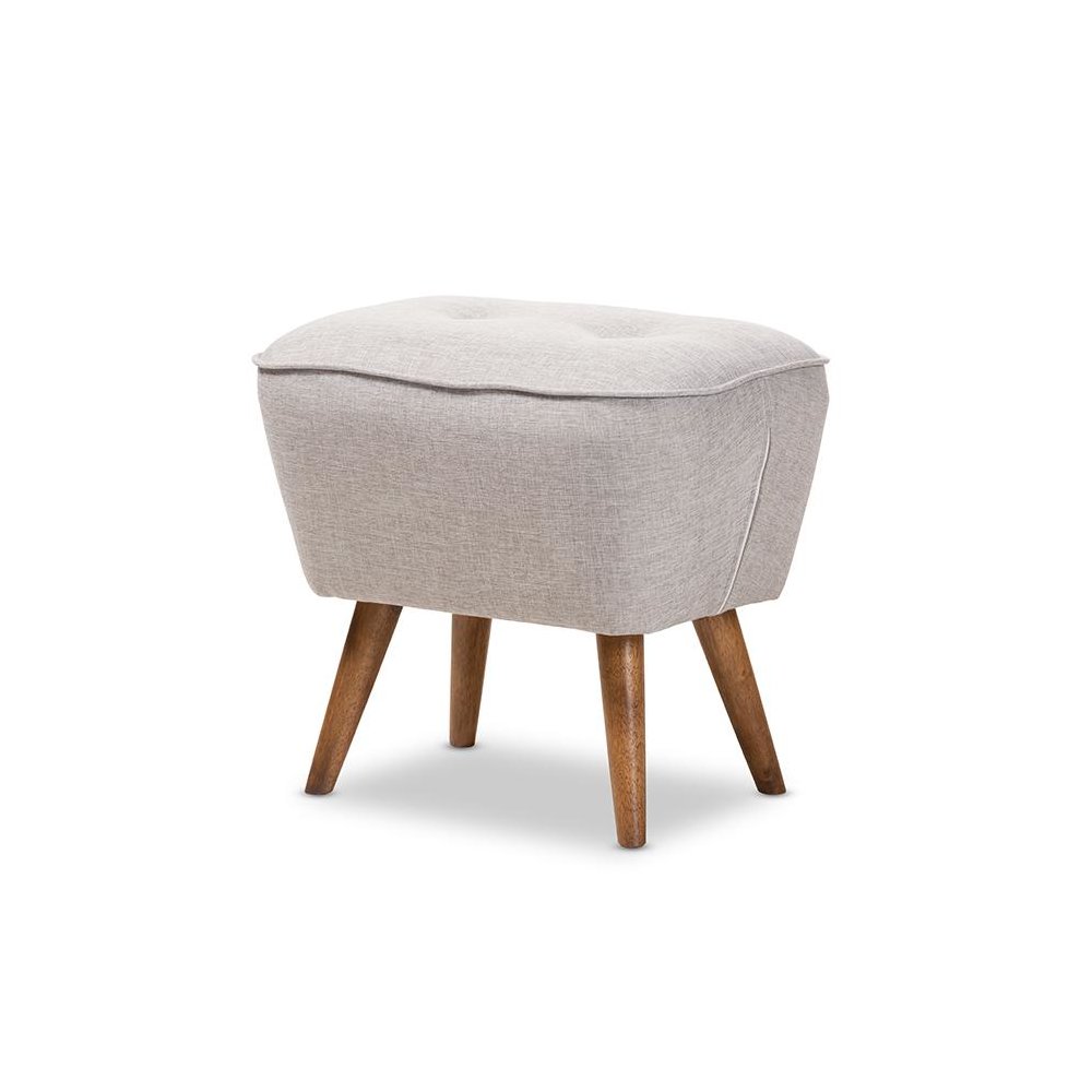 Greyish Beige Fabric Upholstered Walnut Brown Finished Wood Ottoman