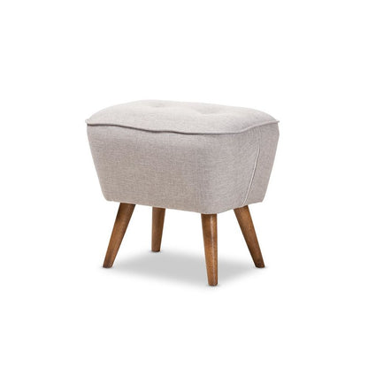Greyish Beige Fabric Upholstered Walnut Brown Finished Wood Ottoman