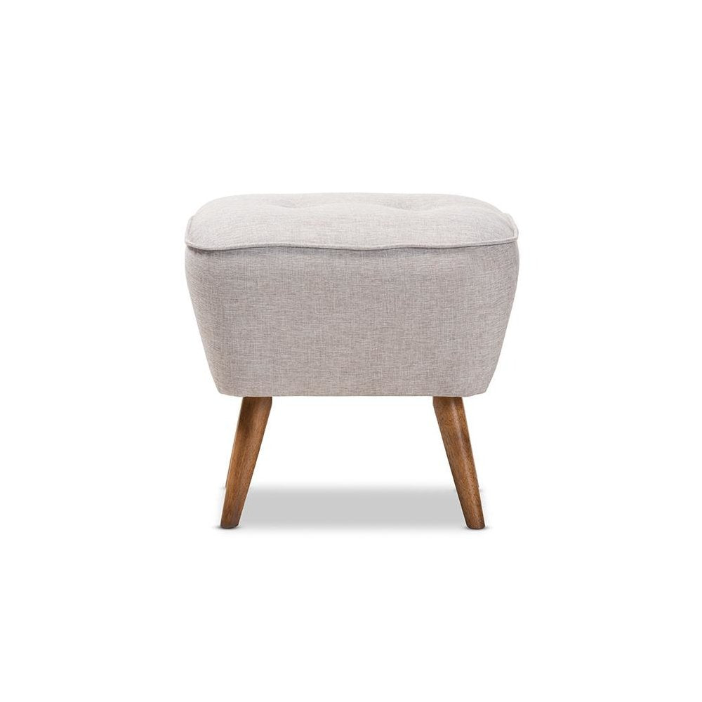 Greyish Beige Fabric Upholstered Walnut Brown Finished Wood Ottoman