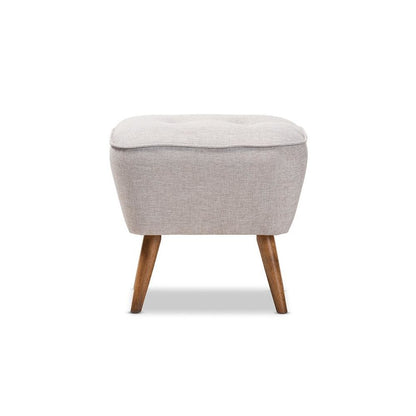 Greyish Beige Fabric Upholstered Walnut Brown Finished Wood Ottoman