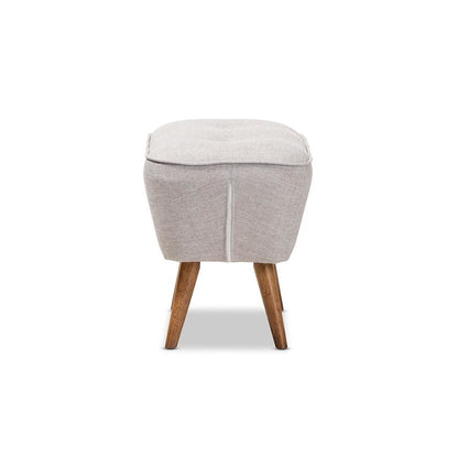 Greyish Beige Fabric Upholstered Walnut Brown Finished Wood Ottoman