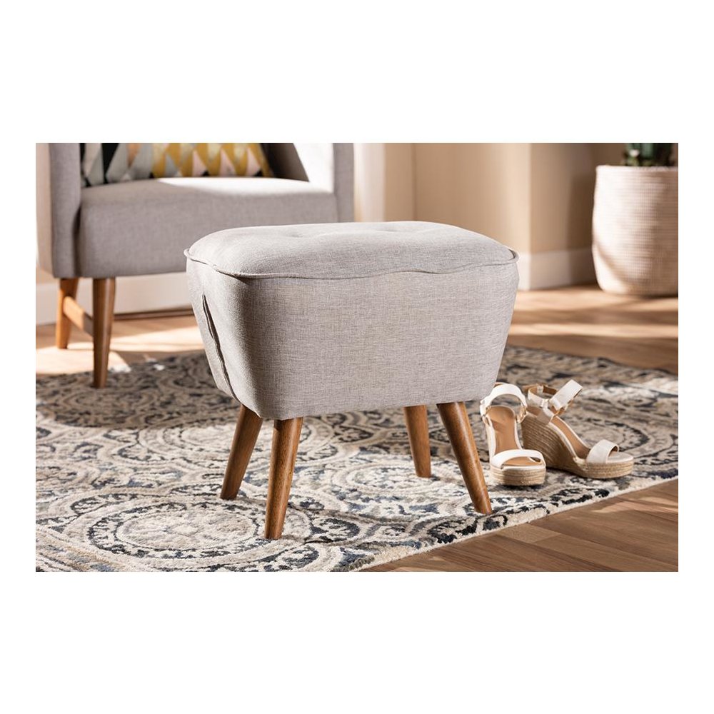 Greyish Beige Fabric Upholstered Walnut Brown Finished Wood Ottoman