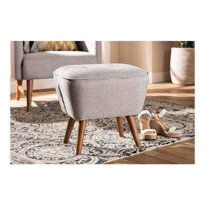 Greyish Beige Fabric Upholstered Walnut Brown Finished Wood Ottoman