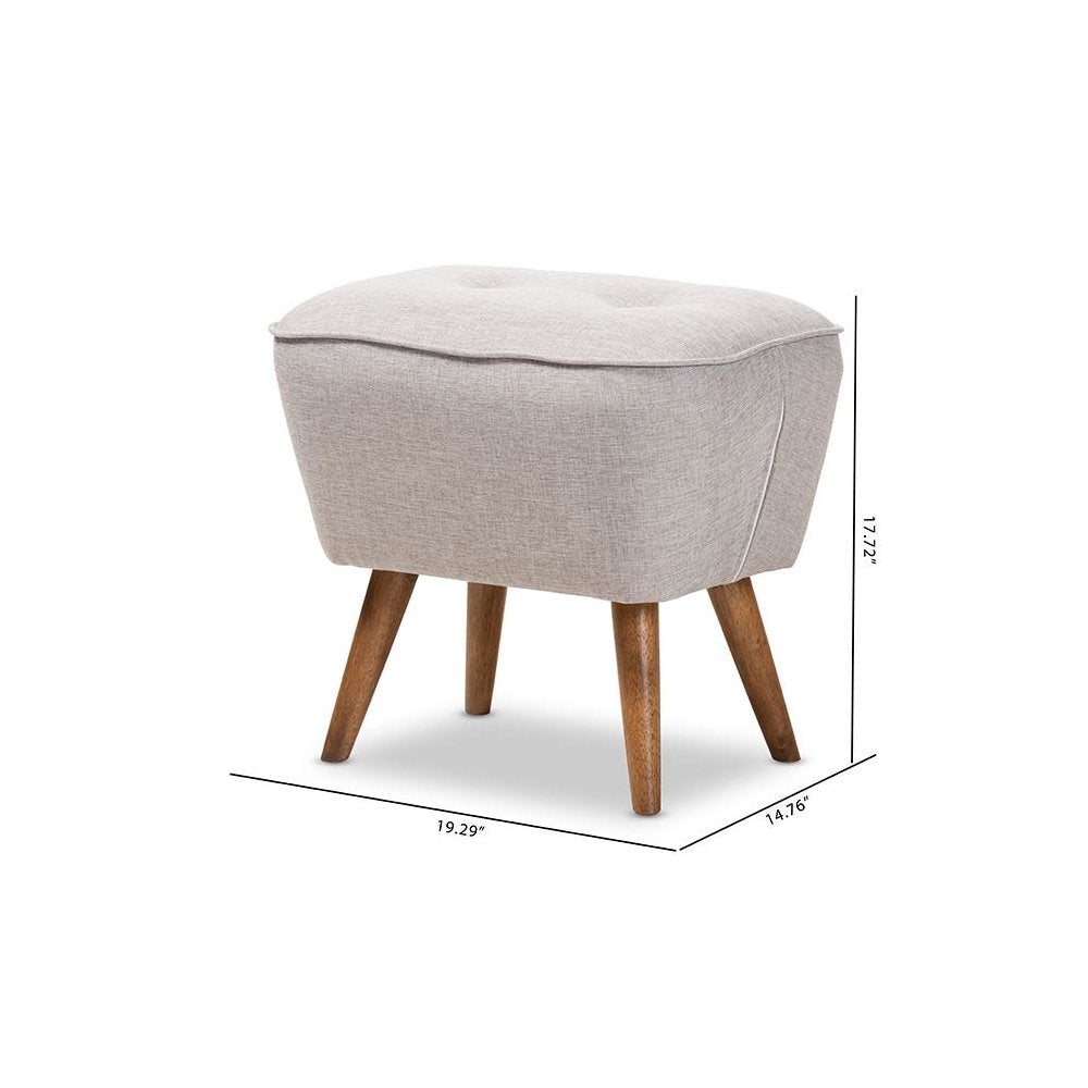 Greyish Beige Fabric Upholstered Walnut Brown Finished Wood Ottoman