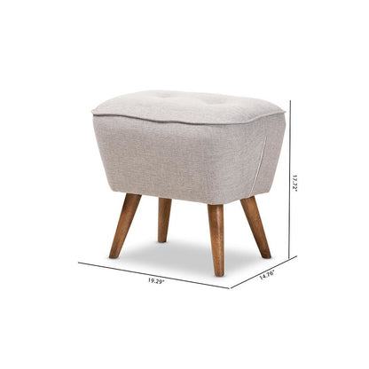 Greyish Beige Fabric Upholstered Walnut Brown Finished Wood Ottoman