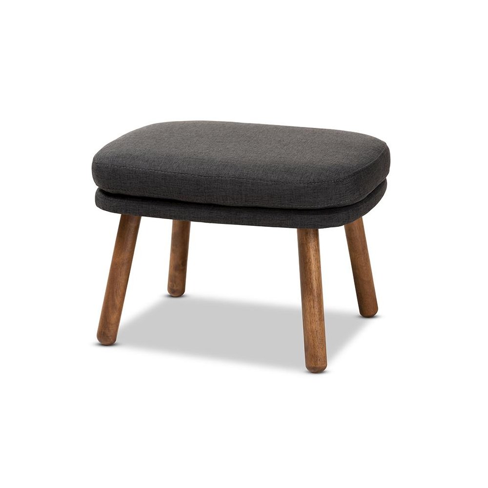 Dark Grey Fabric Upholstered Walnut Brown Finished Wood Ottoman