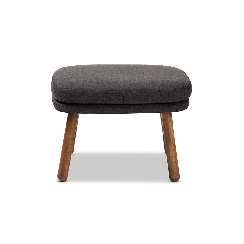 Dark Grey Fabric Upholstered Walnut Brown Finished Wood Ottoman