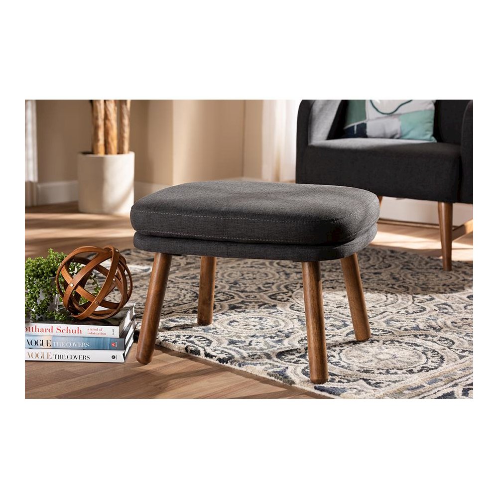 Dark Grey Fabric Upholstered Walnut Brown Finished Wood Ottoman