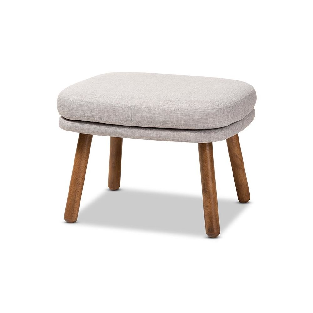 Greyish Beige Fabric Upholstered Walnut Brown Finished Wood Ottoman