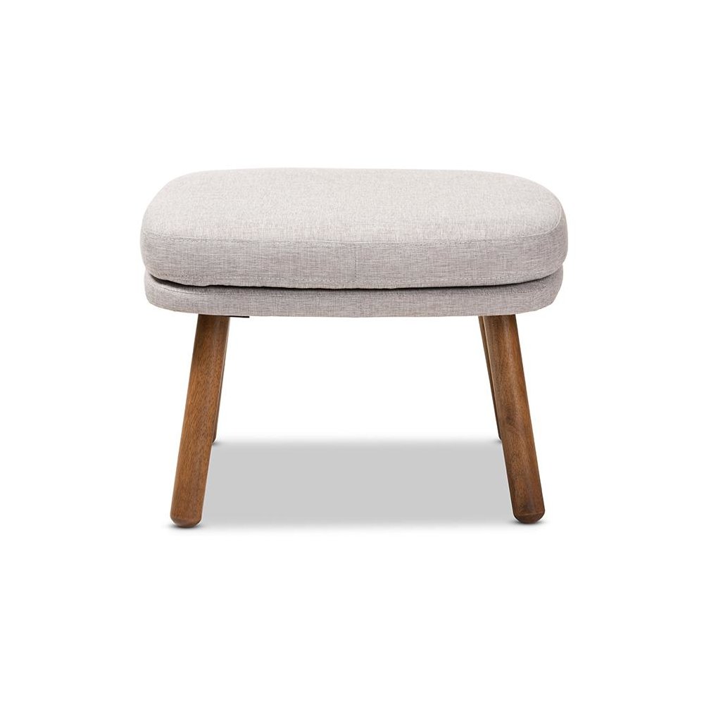 Greyish Beige Fabric Upholstered Walnut Brown Finished Wood Ottoman