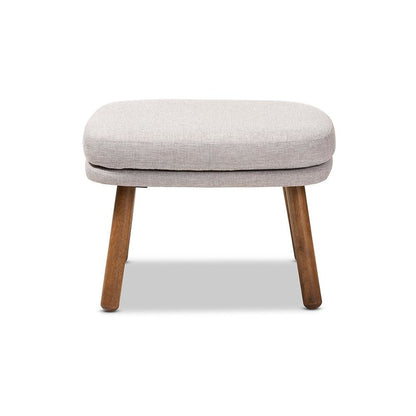 Greyish Beige Fabric Upholstered Walnut Brown Finished Wood Ottoman