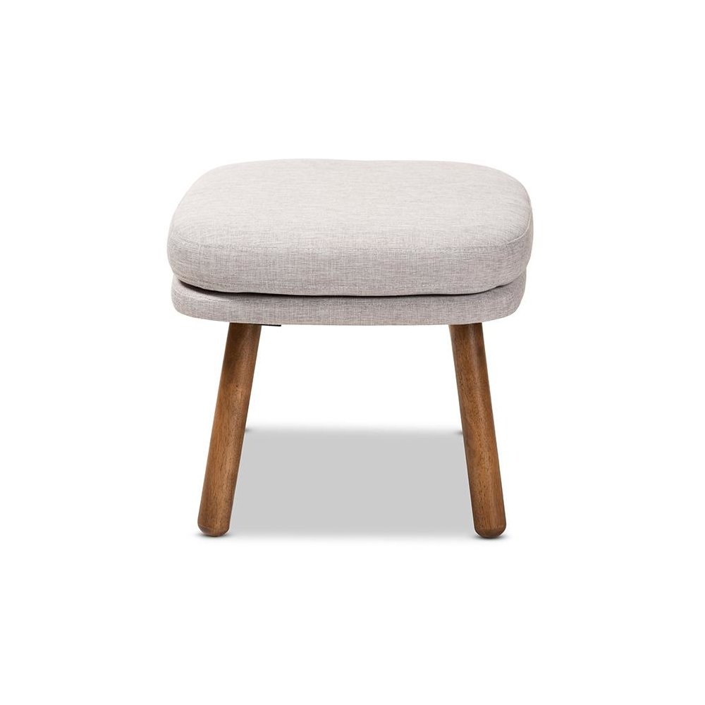 Greyish Beige Fabric Upholstered Walnut Brown Finished Wood Ottoman