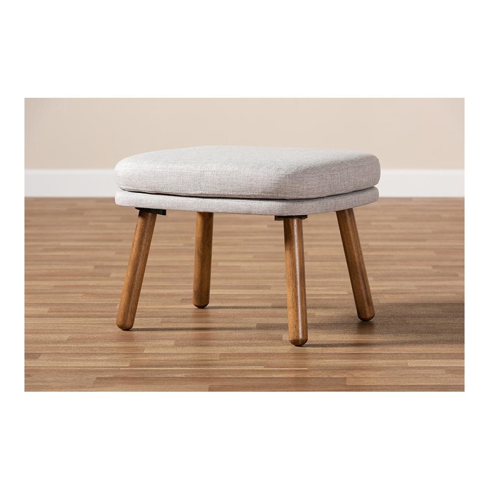 Greyish Beige Fabric Upholstered Walnut Brown Finished Wood Ottoman