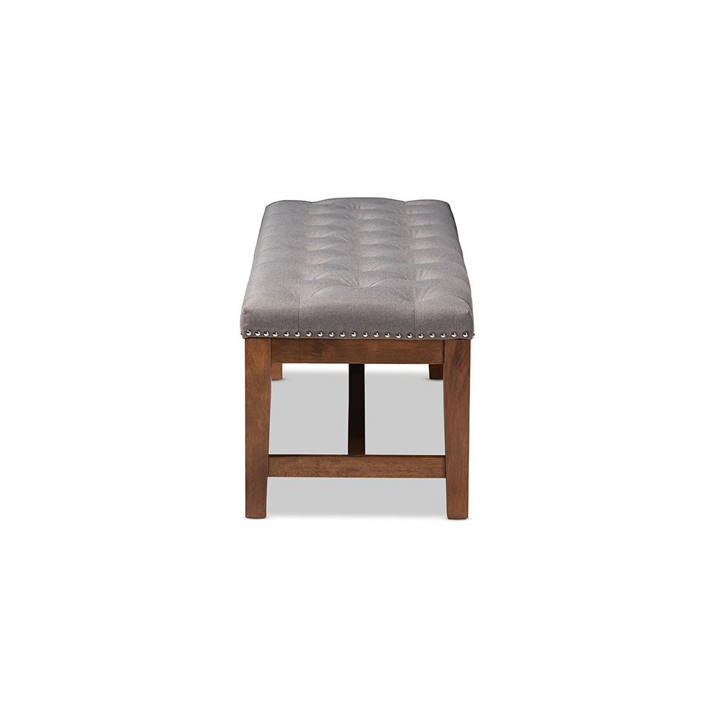 Grey Fabric Upholstered Walnut Finished Solid Rubberwood Bench