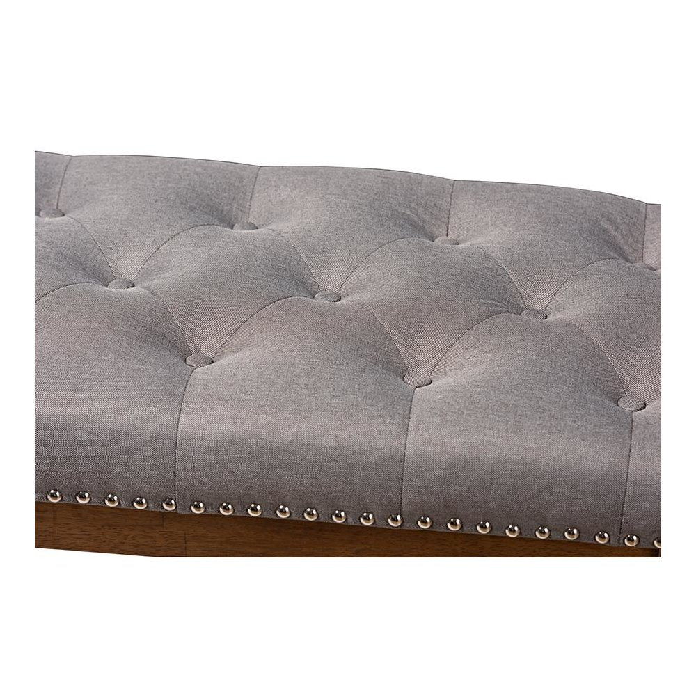 Grey Fabric Upholstered Walnut Finished Solid Rubberwood Bench